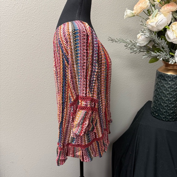 Hannah Boho Ruffle Peasant Blouse Multicolor Stripe Crochet Trim L - Picture 4 of 7